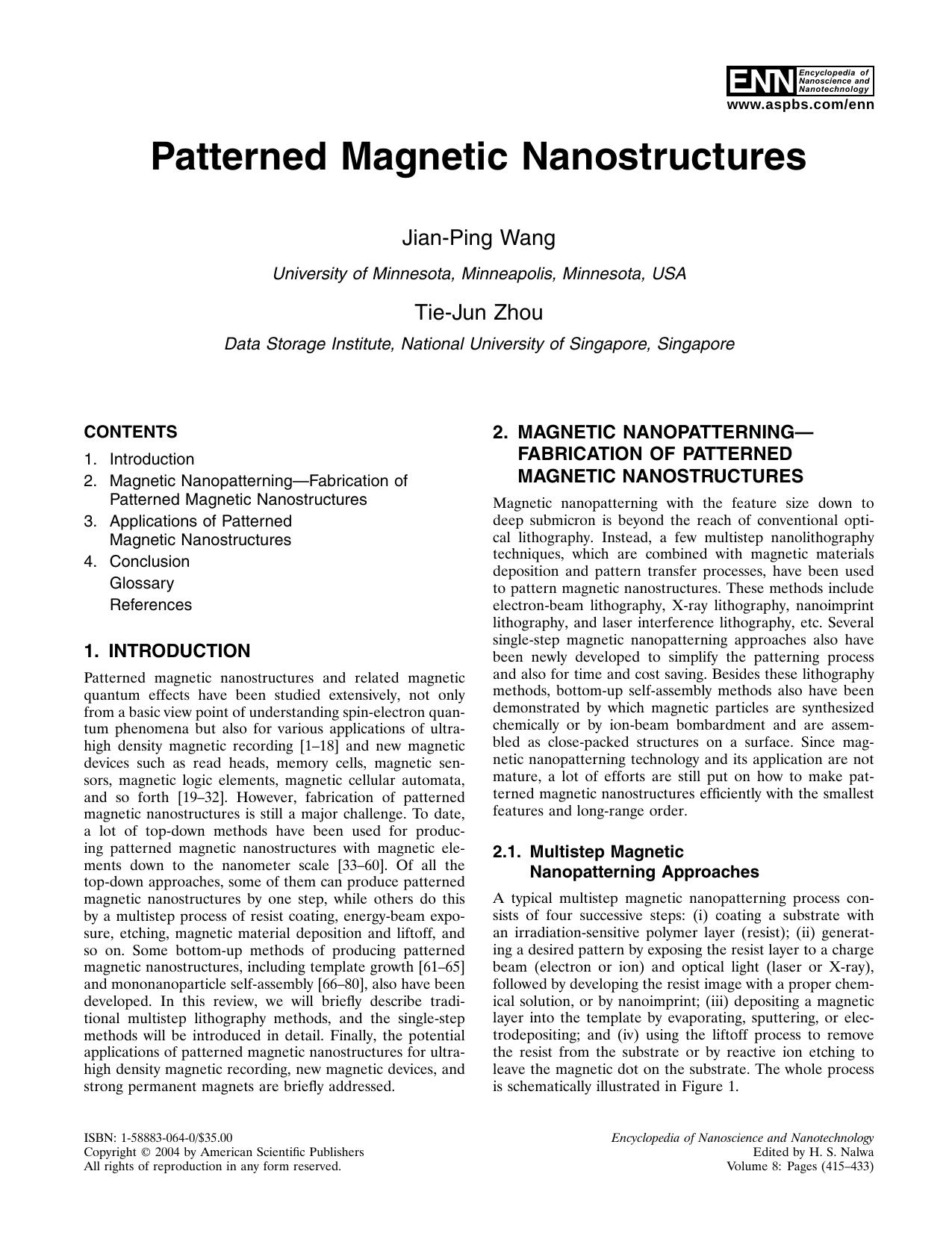 Patterned Magnetic Nanostructures by Wang J.-P. Zhou T.-J