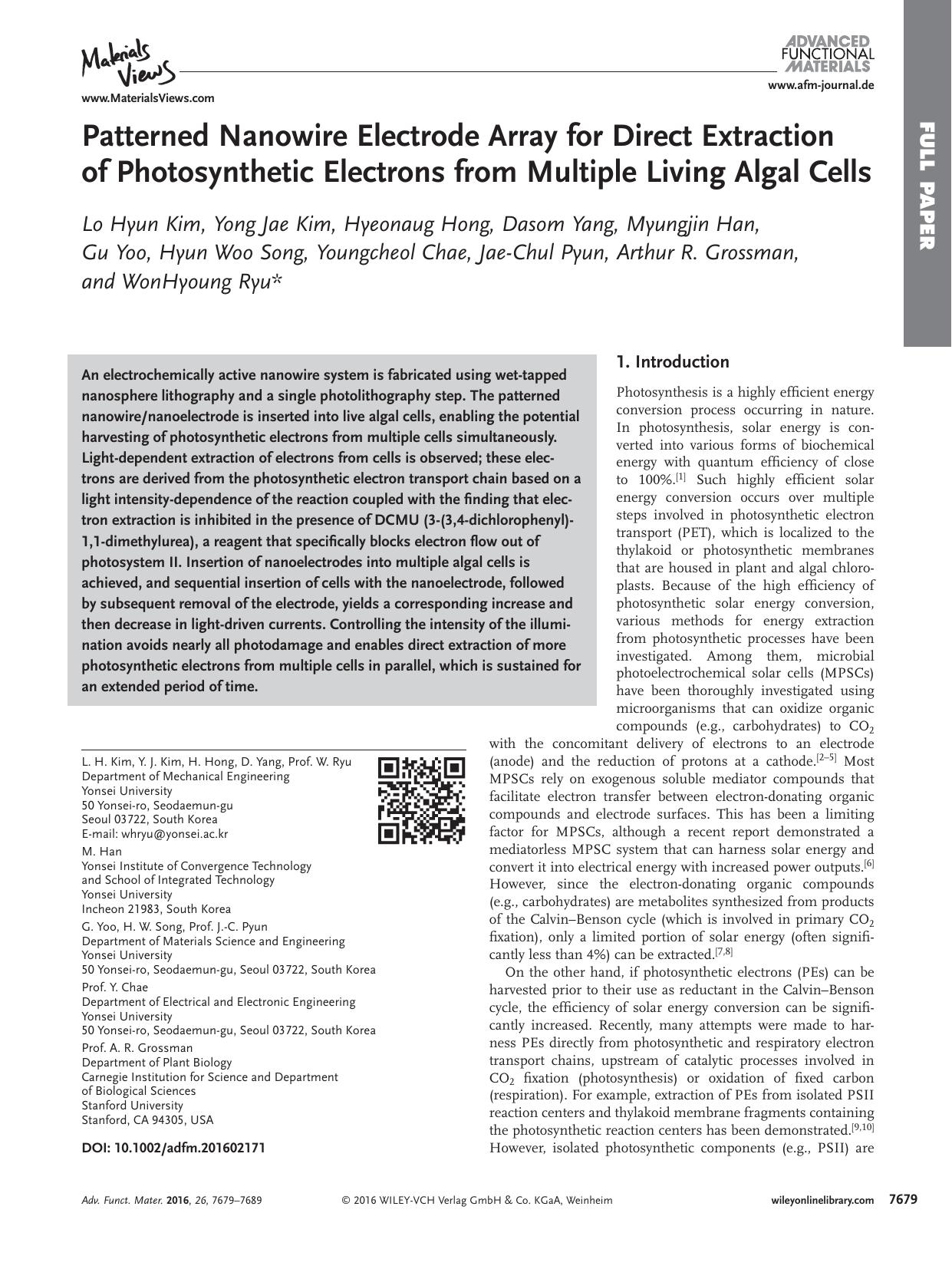 Patterned Nanowire Electrode Array for Direct Extraction of Photosynthetic Electrons from Multiple Living Algal Cells by Unknown