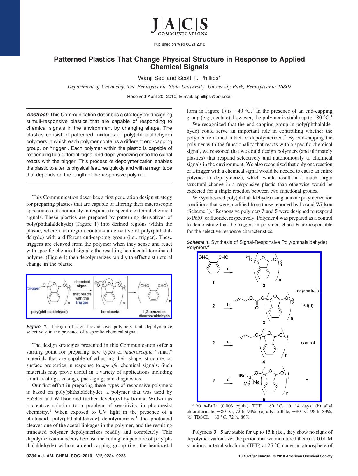 Patterned Plastics That Change Physical Structure in Response to Applied Chemical Signals by Unknown