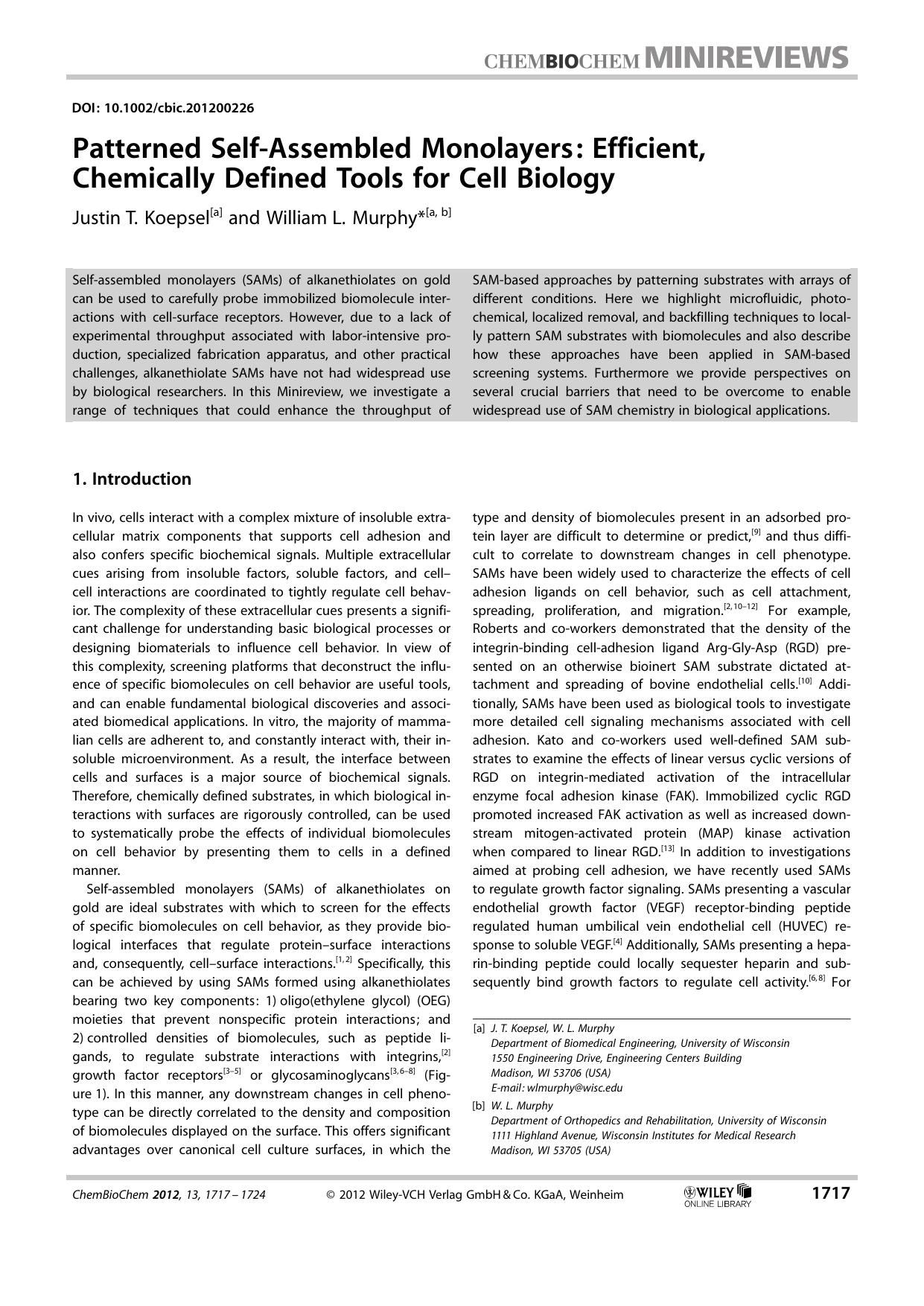 Patterned SelfAssembled Monolayers: Efficient, Chemically Defined Tools for Cell Biology by Unknown