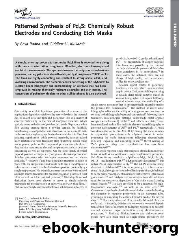 Patterned Synthesis of Pd4S: Chemically Robust Electrodes and Conducting Etch Masks by Unknown