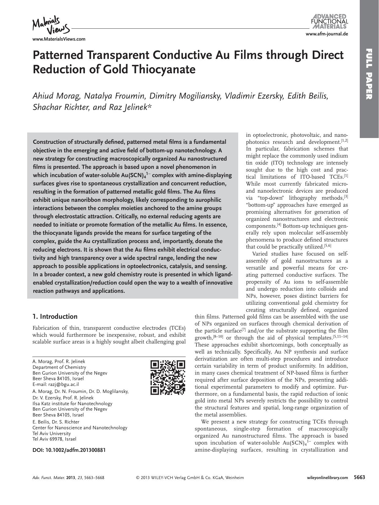 Patterned Transparent Conductive Au Films through Direct Reduction of Gold Thiocyanate by s-w-270