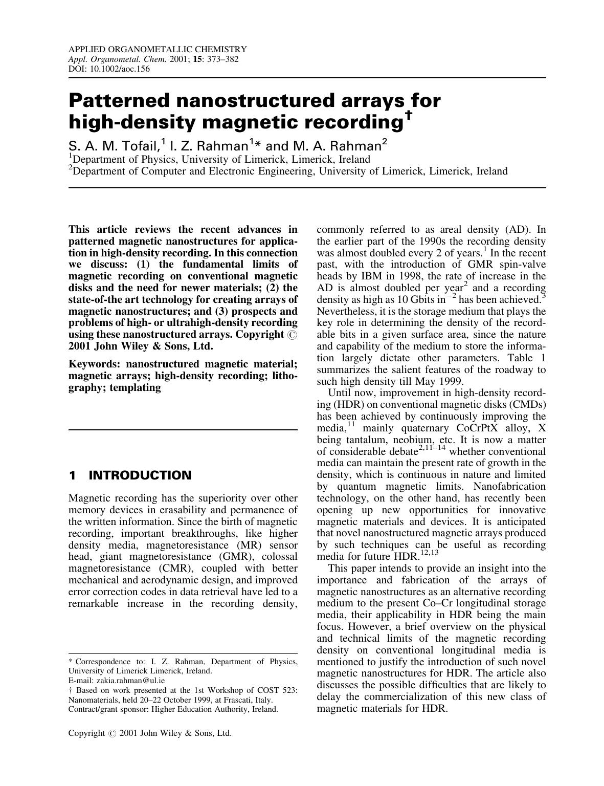 Patterned nanostructured arrays for high-density magnetic recording by Unknown