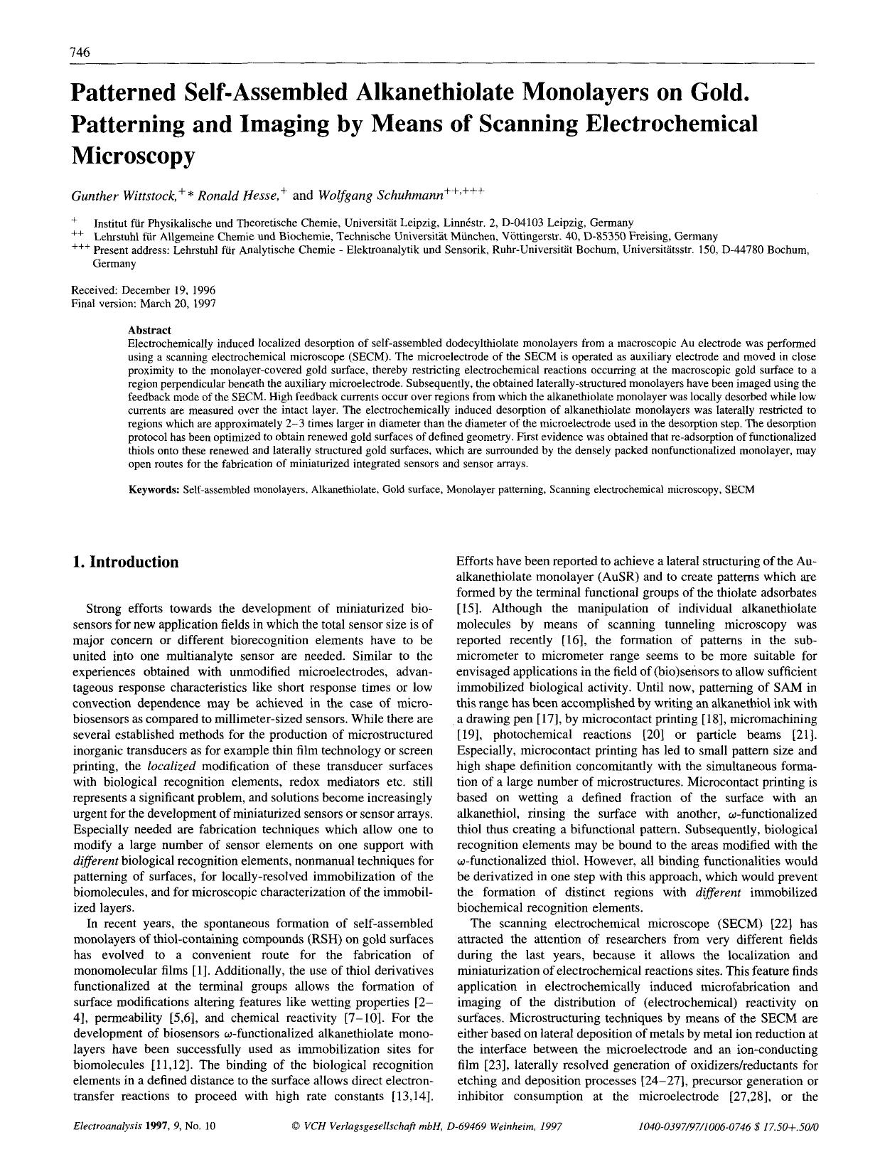 Patterned self-assembled alkanethiolate monolayers on gold. Patterning and imaging by means of scanning electrochemical microscopy by Unknown