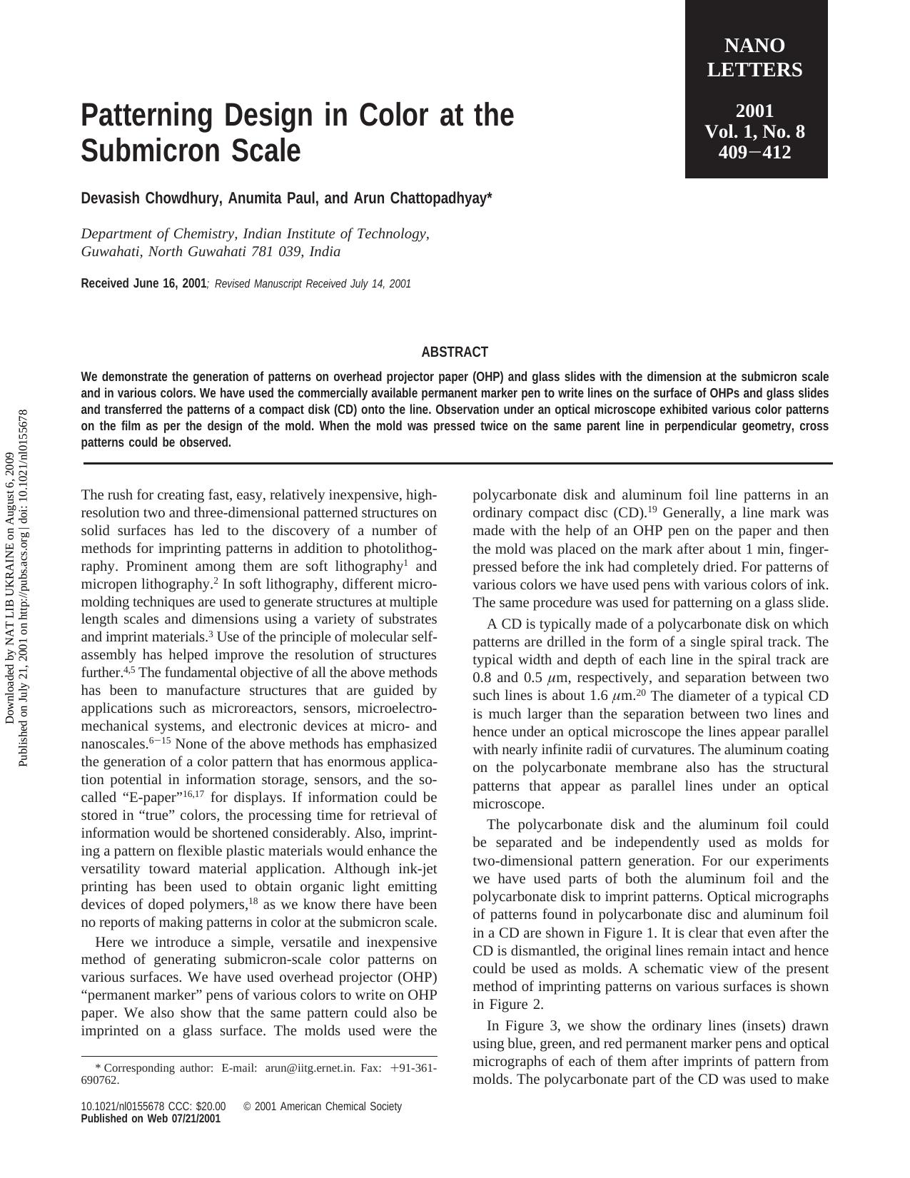 Patterning Design in Color at the Submicron Scale by Devasish Chowdhury Anumita Paul & Arun Chattopadhyay*