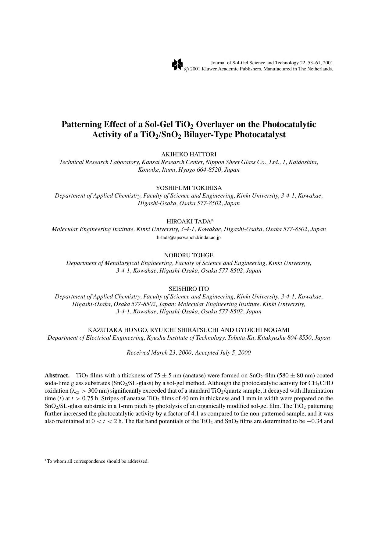 Patterning Effect of a Sol-Gel TiO2 Overlayer on the Photocatalytic Activity of a TiO2SnO2 Bilayer-Type Photocatalyst by Unknown