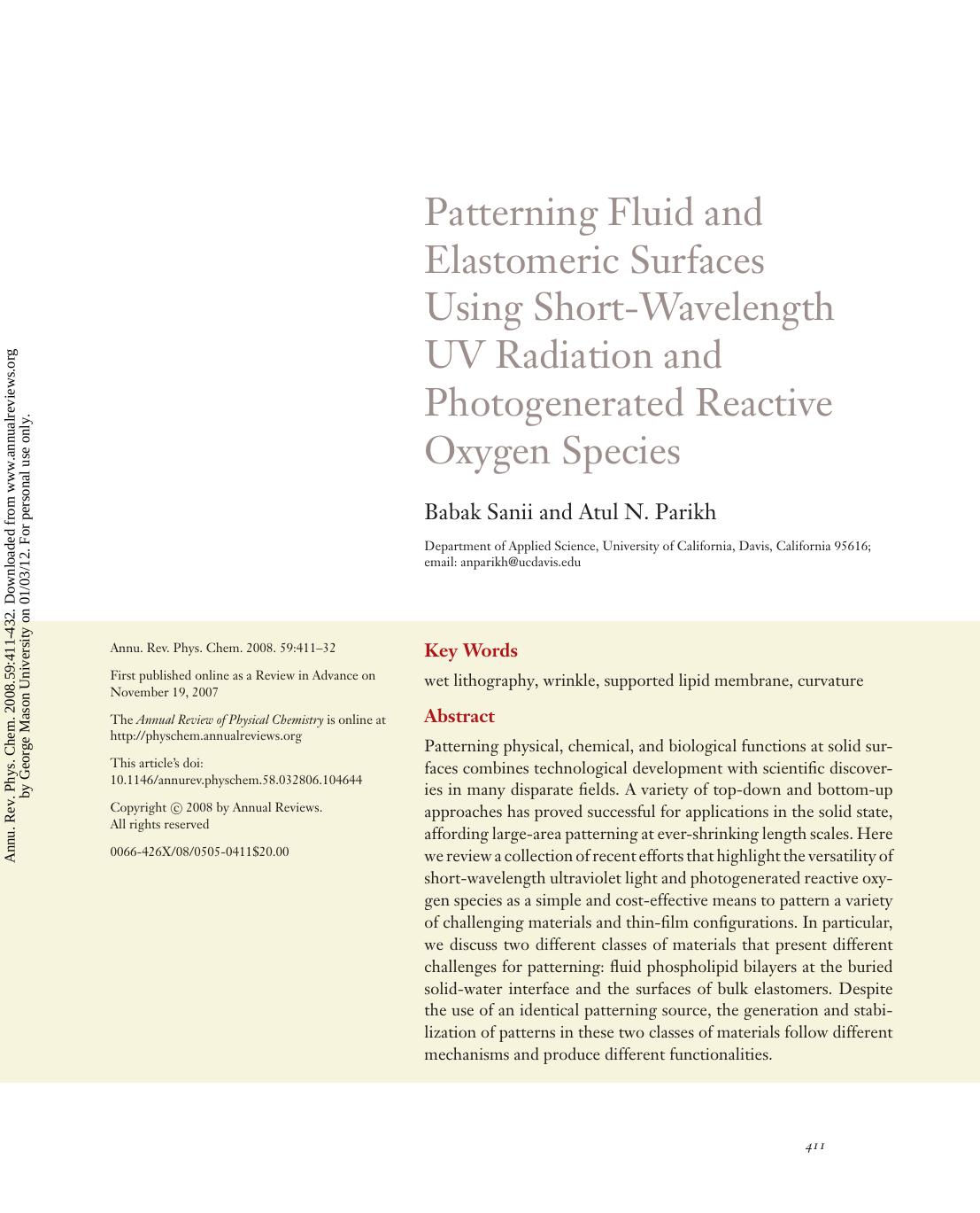 Patterning Fluid and Elastomeric Surfaces Using Short-Wavelength UV Radiation and Photogenerated Reactive Oxygen Species by Babak Sanii & Atul N. Parikh