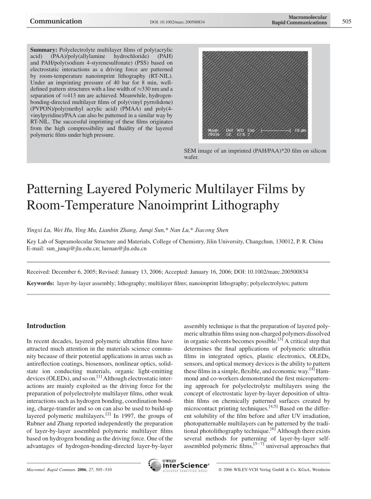 Patterning Layered Polymeric Multilayer Films by Room-Temperature Nanoimprint Lithography by Unknown