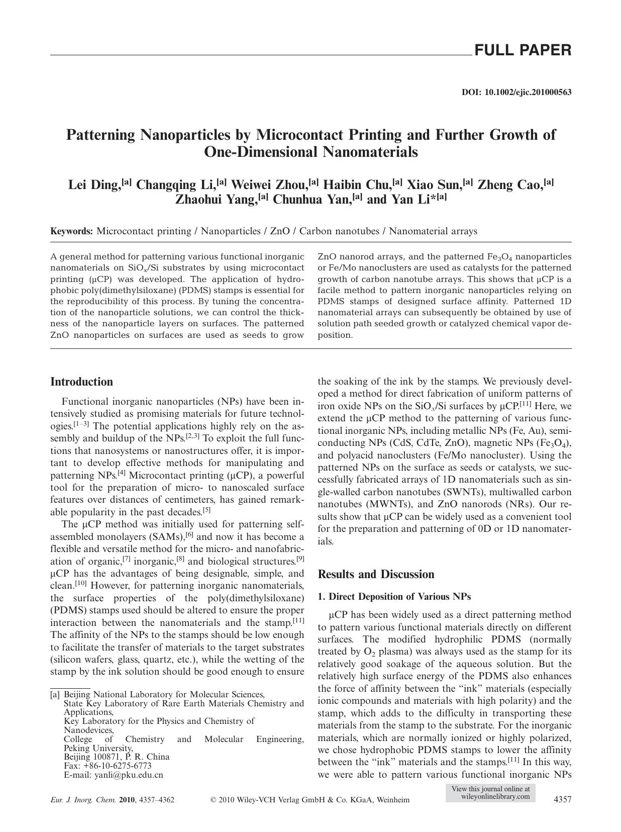 Patterning Nanoparticles by Microcontact Printing and Further Growth of OneDimensional Nanomaterials by Unknown