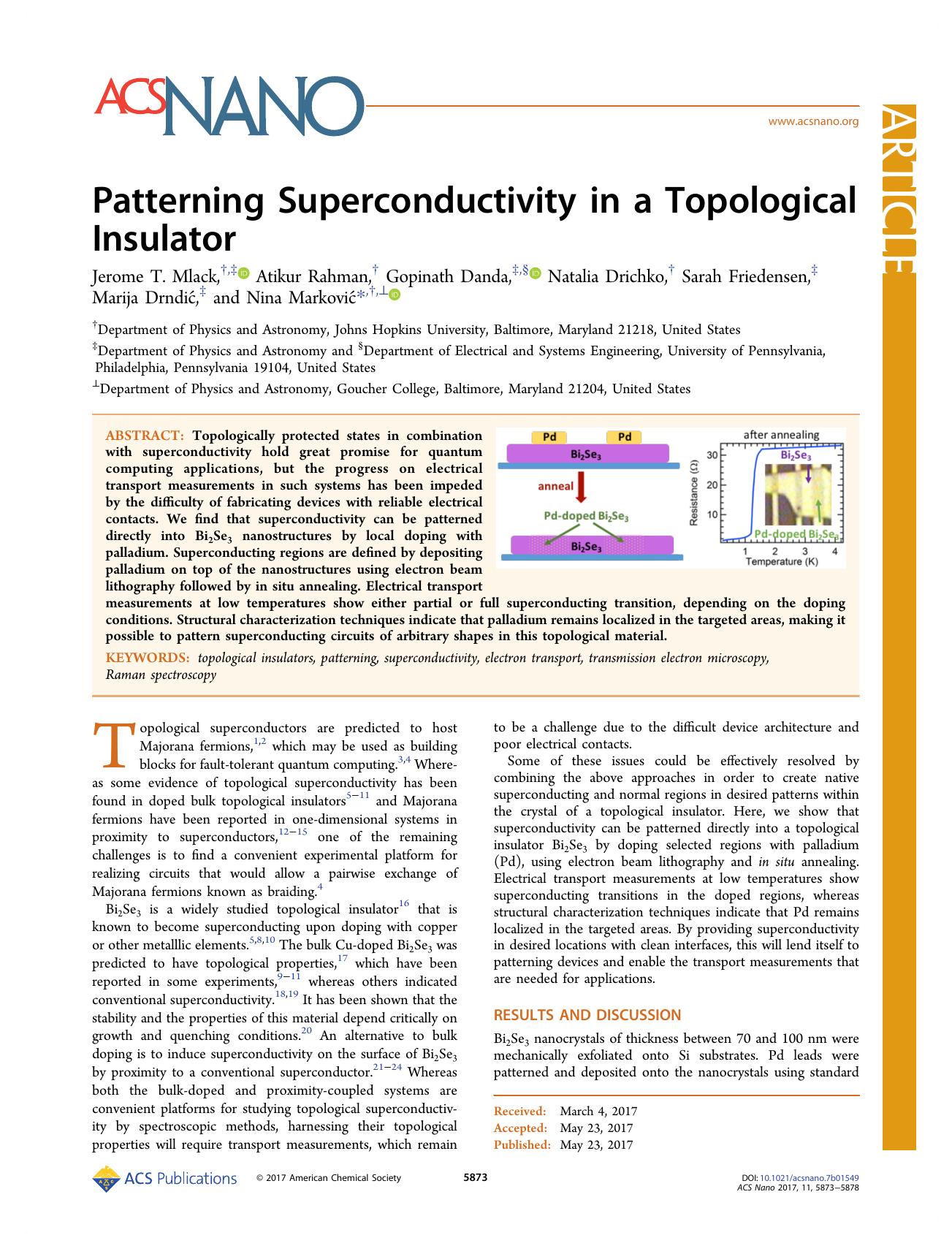 Patterning Superconductivity in a Topological Insulator by unknow