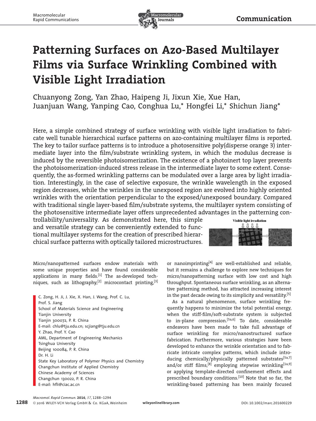 Patterning Surfaces on Azo‐Based Multilayer Films via Surface Wrinkling Combined with Visible Light Irradiation by Unknown
