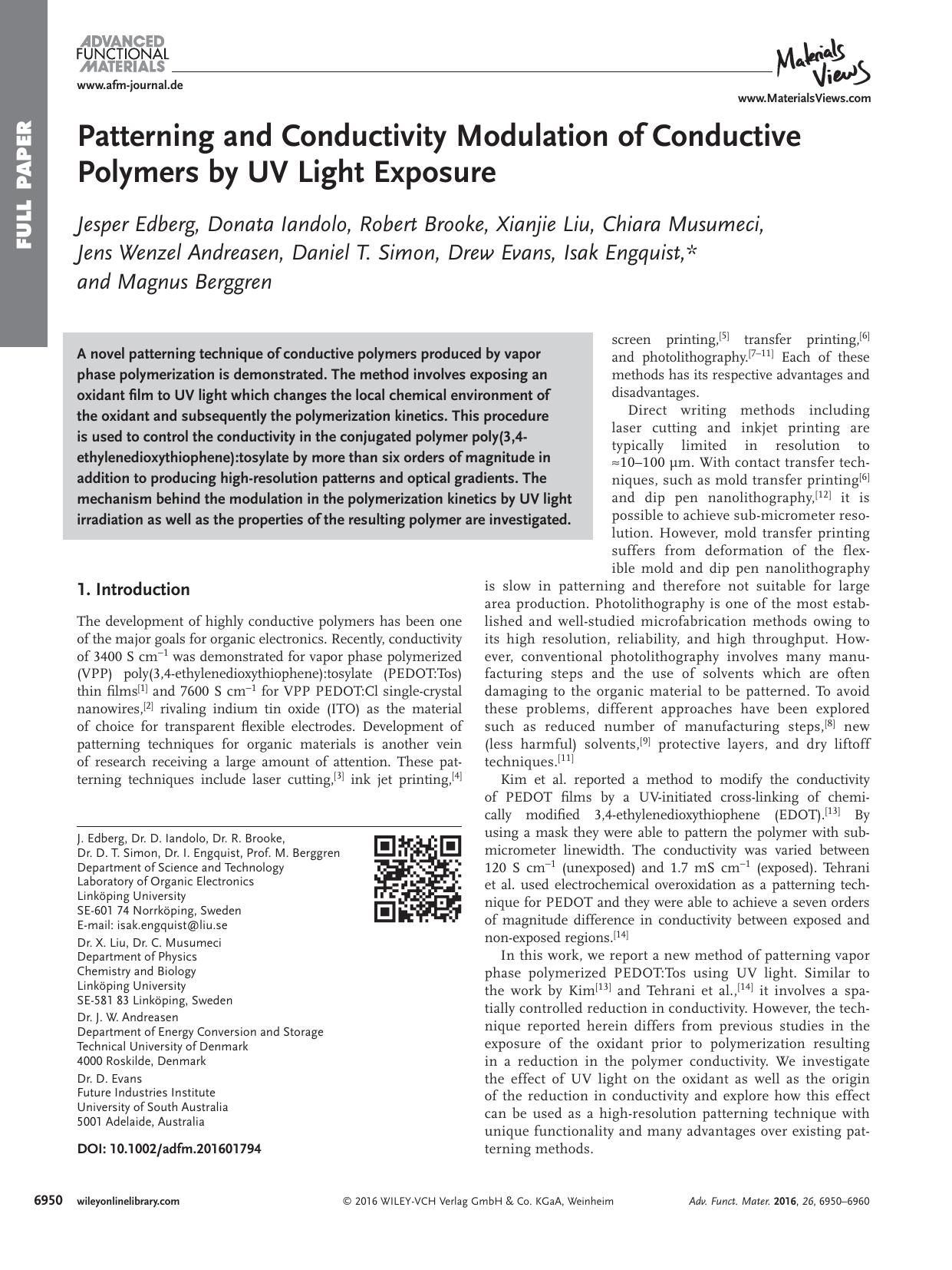 Patterning and Conductivity Modulation of Conductive Polymers by UV Light Exposure by Unknown
