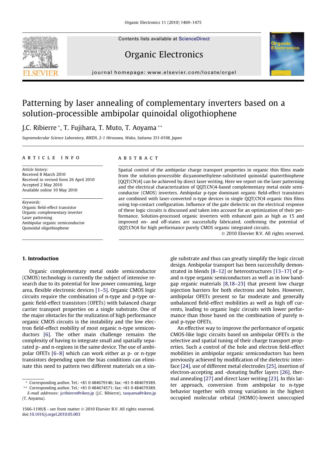 Patterning by laser annealing of complementary inverters based on a solution-processible ambipolar quinoidal oligothiophene by J.C. Ribierre & T. Fujihara & T. Muto & T. Aoyama