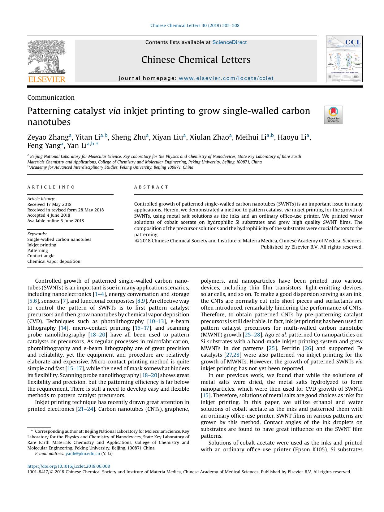 Patterning catalyst via inkjet printing to grow single-walled carbon nanotubes by Zeyao Zhang