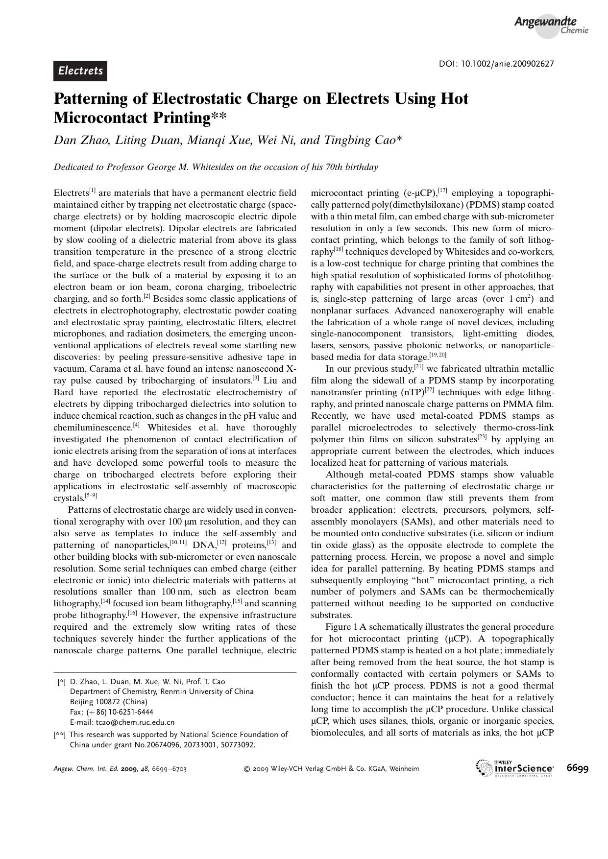 Patterning of Electrostatic Charge on Electrets Using Hot Microcontact Printing by Unknown