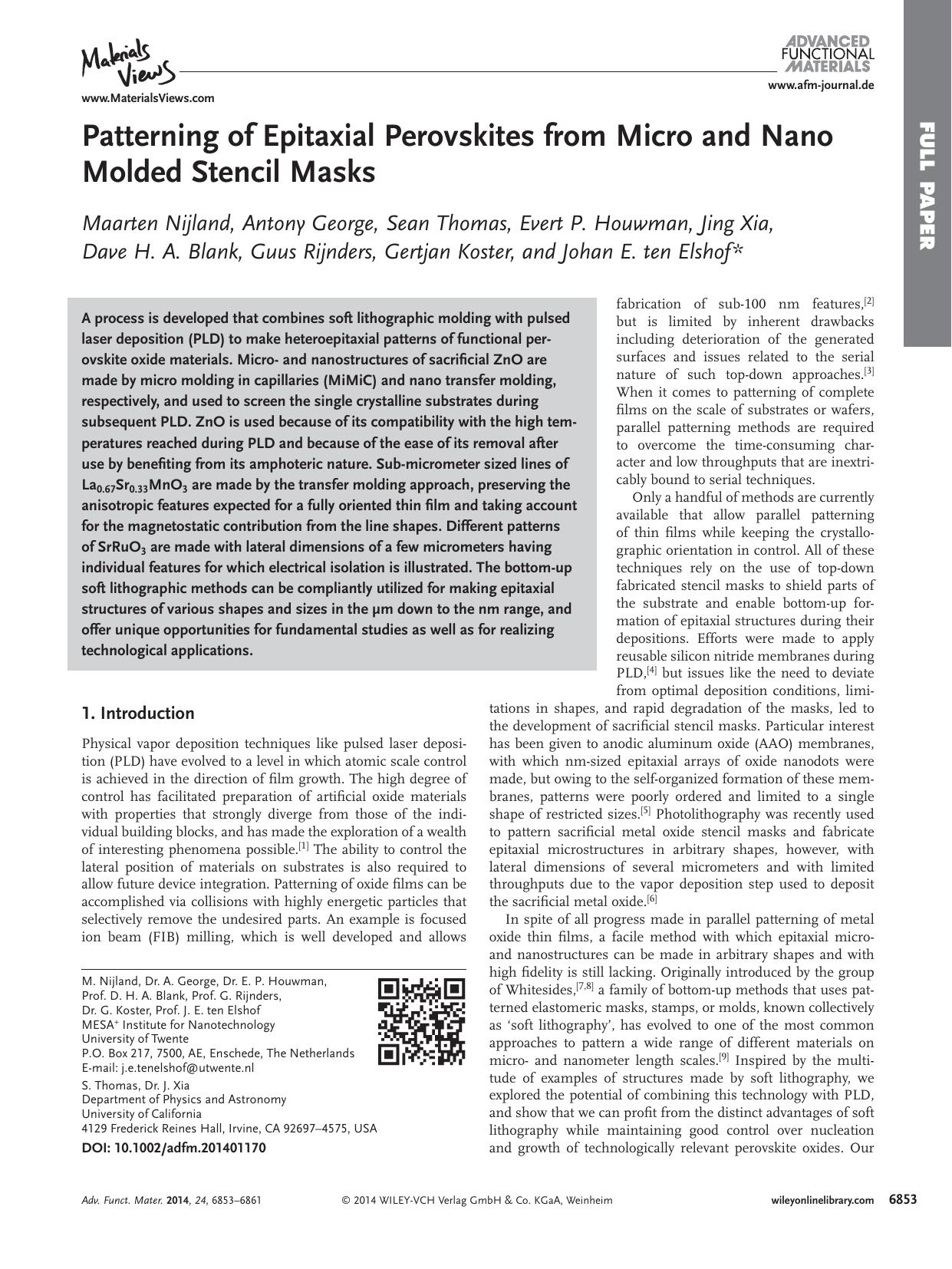 Patterning of Epitaxial Perovskites from Micro and Nano Molded Stencil Masks by processteam