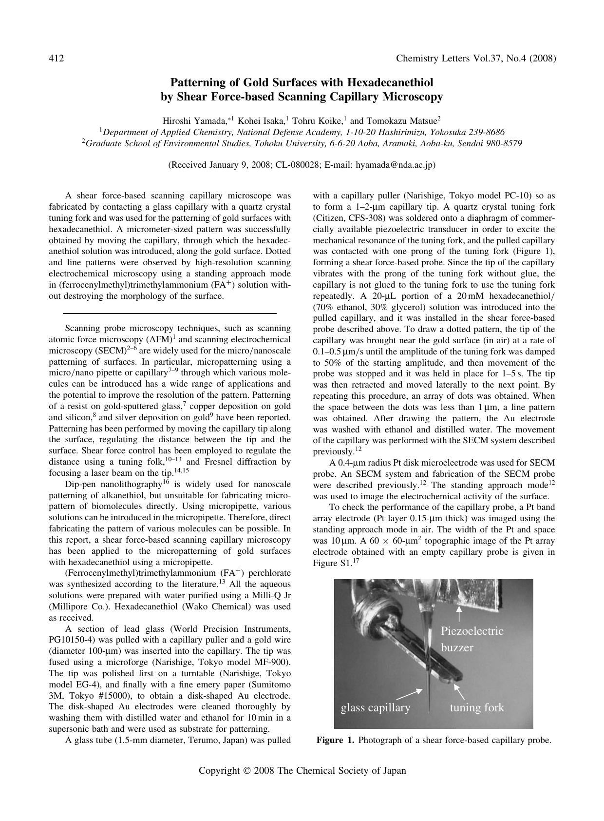 Patterning of Gold Surfaces with Hexadecanethiol by Shear Force-based Scanning Capillary Microscopy by Hiroshi Yamada Kohei Isaka Tohru Koike and Tomokazu Matsue