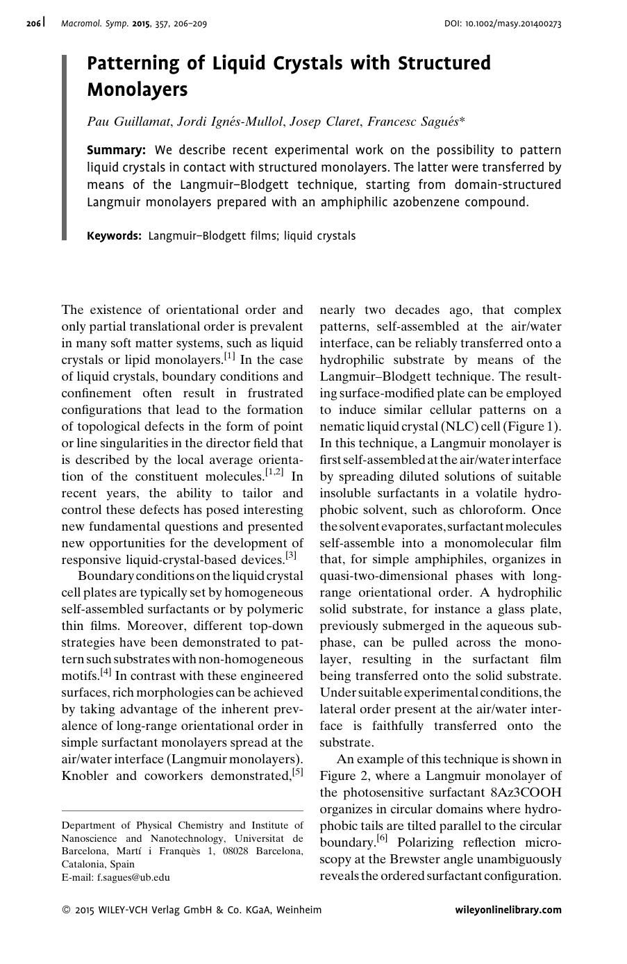 Patterning of Liquid Crystals with Structured Monolayers by Unknown