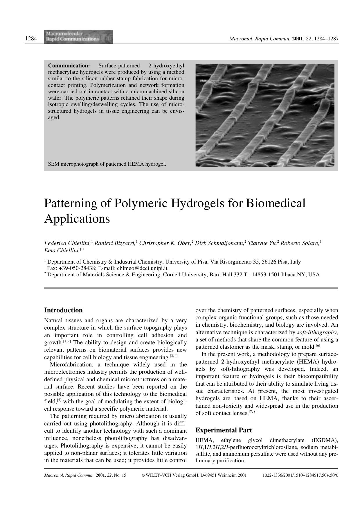 Patterning of Polymeric Hydrogels for Biomedical Applications by Unknown
