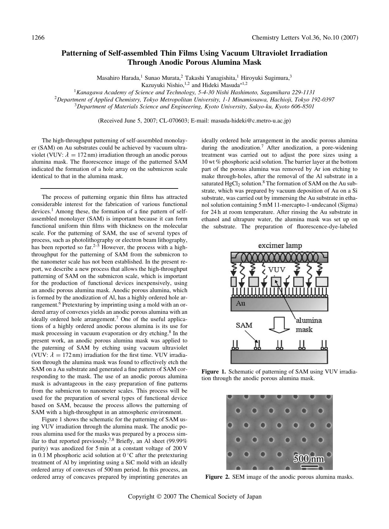 Patterning of Self-assembled Thin Films Using Vacuum Ultraviolet Irradiation Through Anodic Porous Alumina Mask by unknow