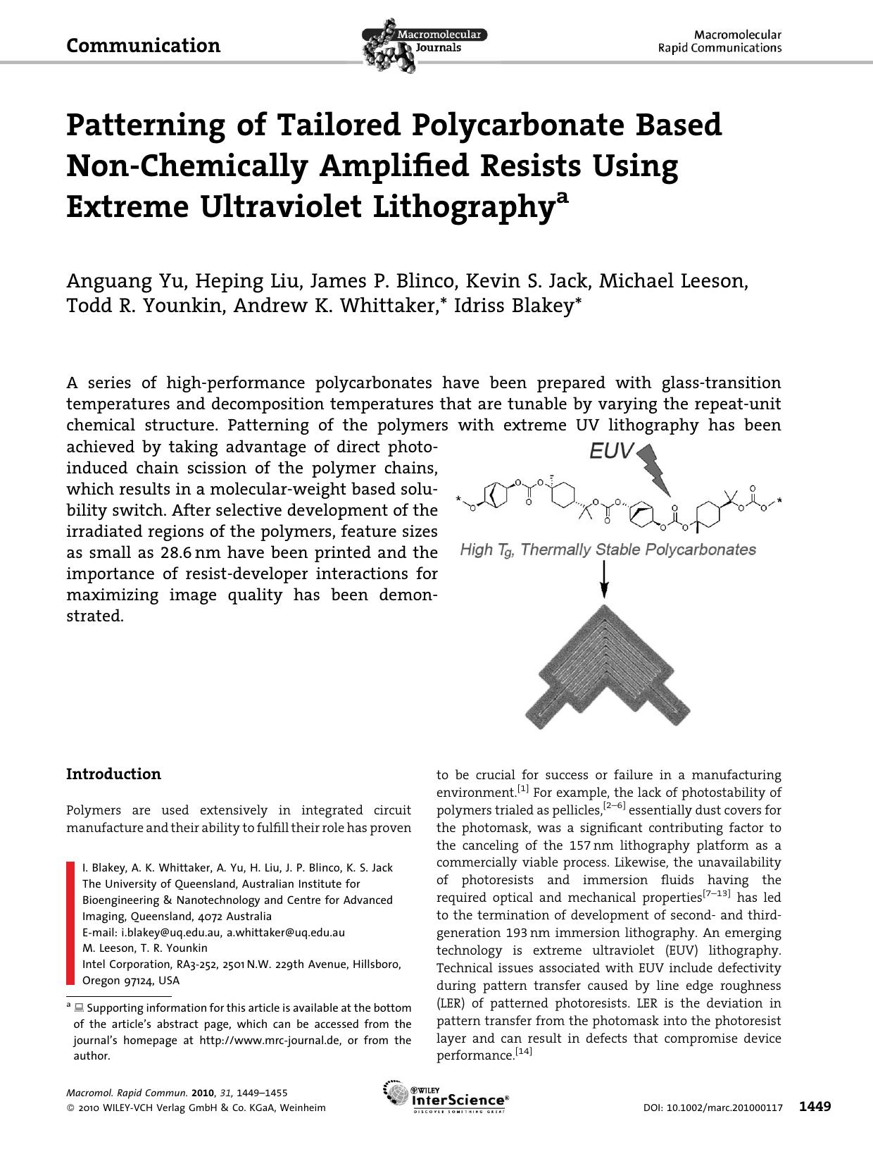 Patterning of Tailored Polycarbonate Based NonChemically Amplified Resists Using Extreme Ultraviolet Lithography by Unknown