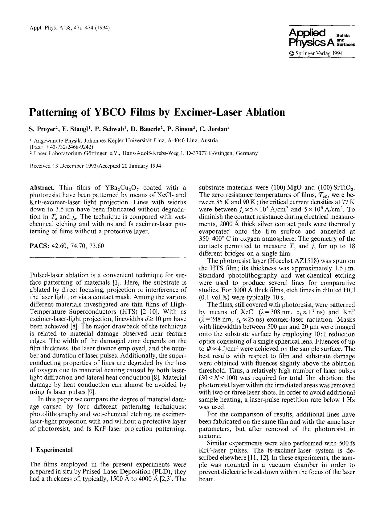 Patterning of YBCO films by excimer-laser ablation by Unknown