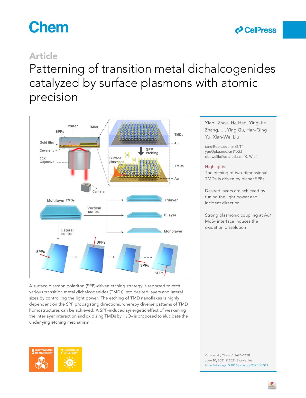 Patterning of transition metal dichalcogenides catalyzed by surface plasmons with atomic precision by unknow