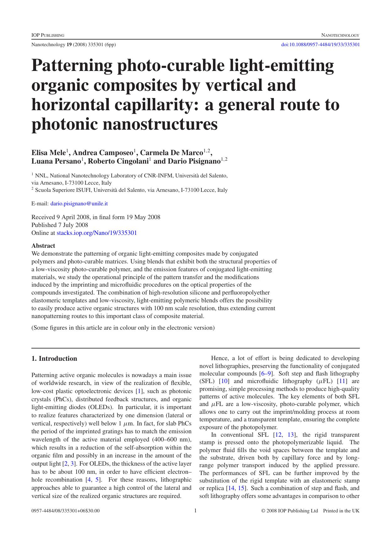 Patterning photo-curable light-emitting organic composites by vertical and horizontal capillarity: a general route to photonic nanostructures by Elisa Mele Andrea Camposeo Carmela De Marco Luana Persano Roberto Cingolani Dario Pisignano