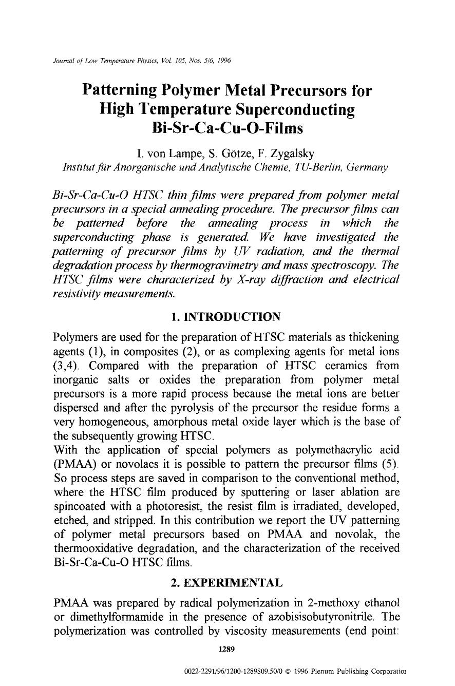 Patterning polymer metal precursors for high temperature superconducting Bi-Sr-Ca-Cu-O-films by Unknown