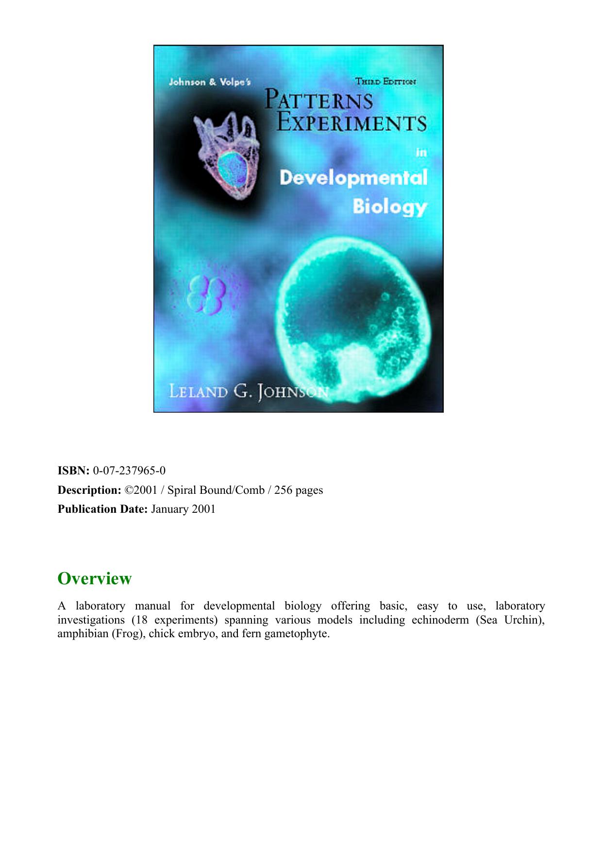 Patterns and Experiments In Developmental Biology by Unknow
