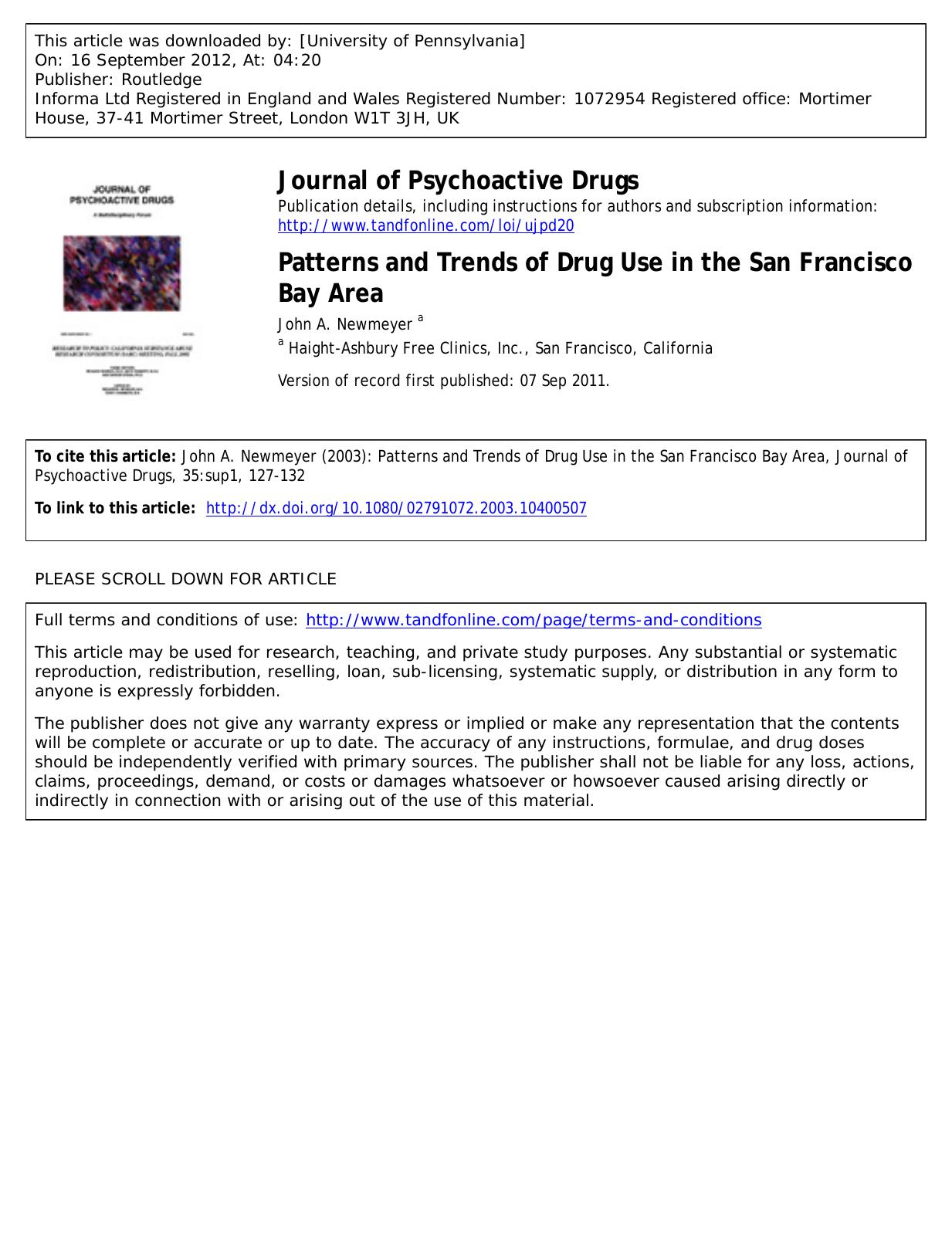 Patterns and Trends of Drug Use in the San Francisco Bay Area by John A. Newmeyer a
