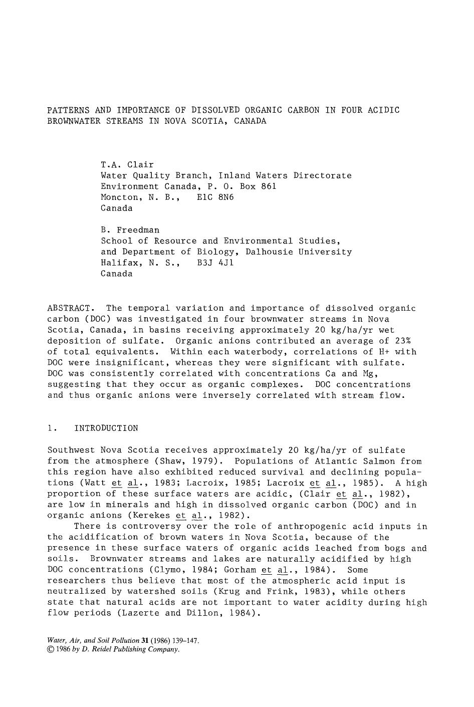 Patterns and importance of dissolved organic carbon in four acidic brownwater streams in Nova Scotia, Canada by Unknown