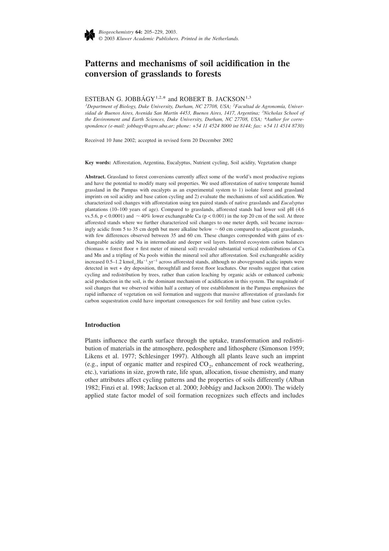 Patterns and mechanisms of soil acidification in the conversion of grasslands to forests by Unknown