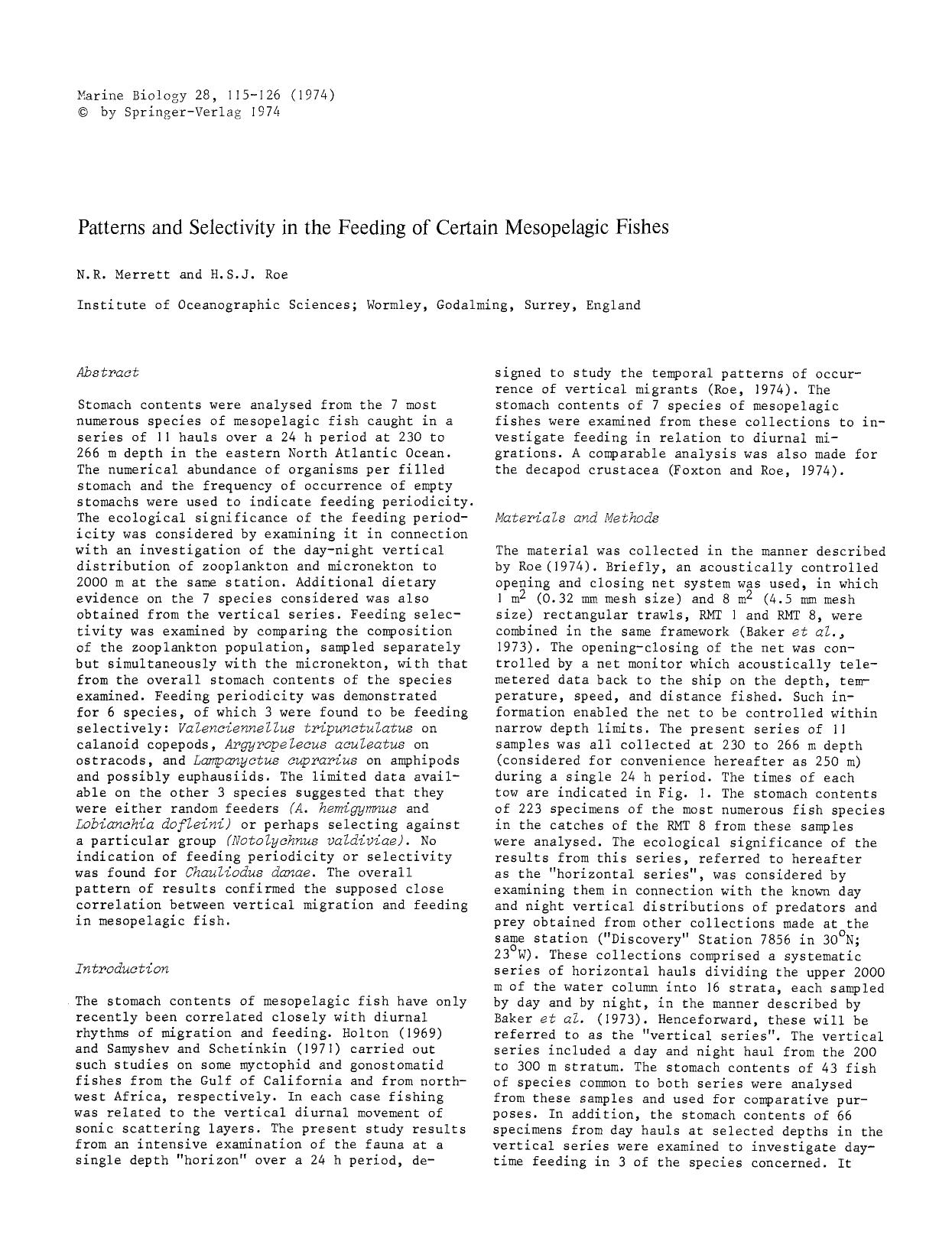 Patterns and selectivity in the feeding of certain mesopelagic fishes by Unknown
