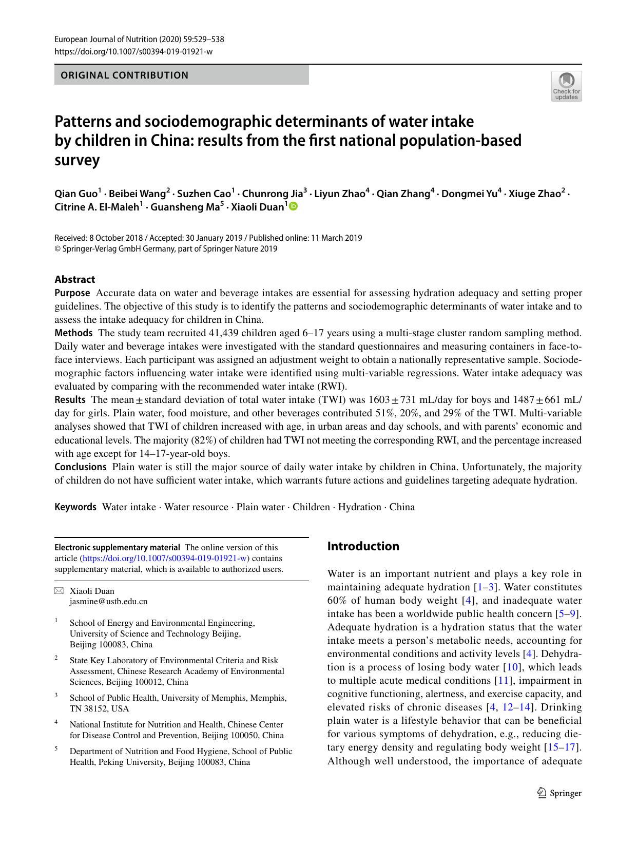 Patterns and sociodemographic determinants of water intake by children in China: results from the first national population-based survey by unknow