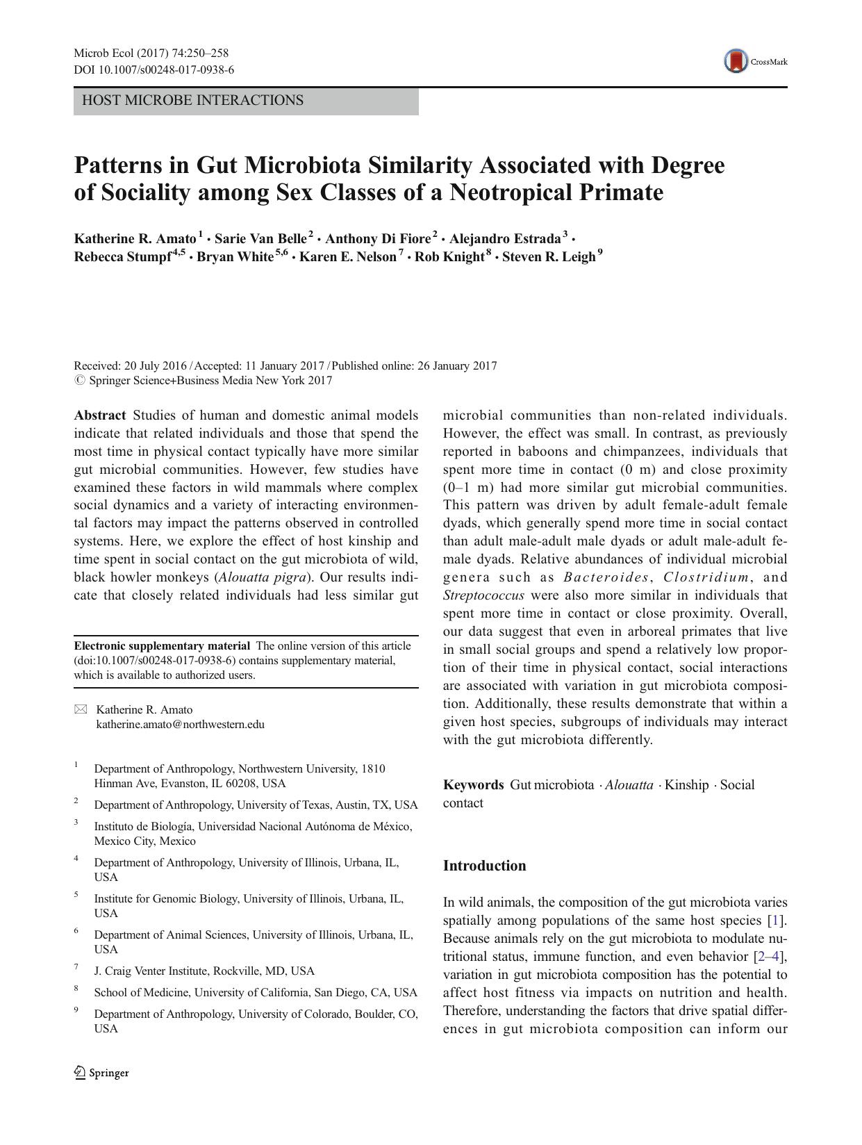 Patterns in Gut Microbiota Similarity Associated with Degree of Sociality among Sex Classes of a Neotropical Primate by unknow