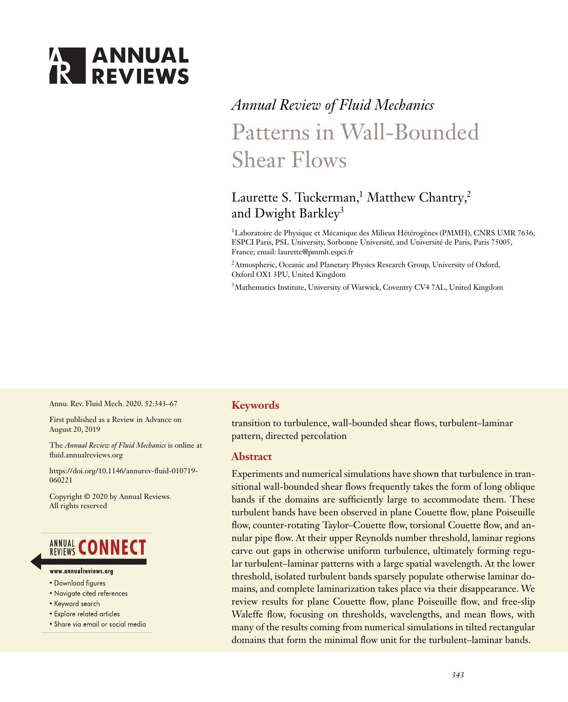 Patterns in Wall-Bounded Shear Flows by Laurette S. Tuckerman Matthew Chantry Dwight Barkley