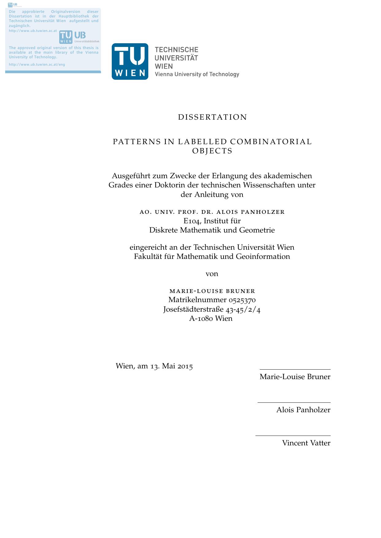 Patterns in labelled combinatorial objects [PhD diss.] by Marie-Louise Bruner