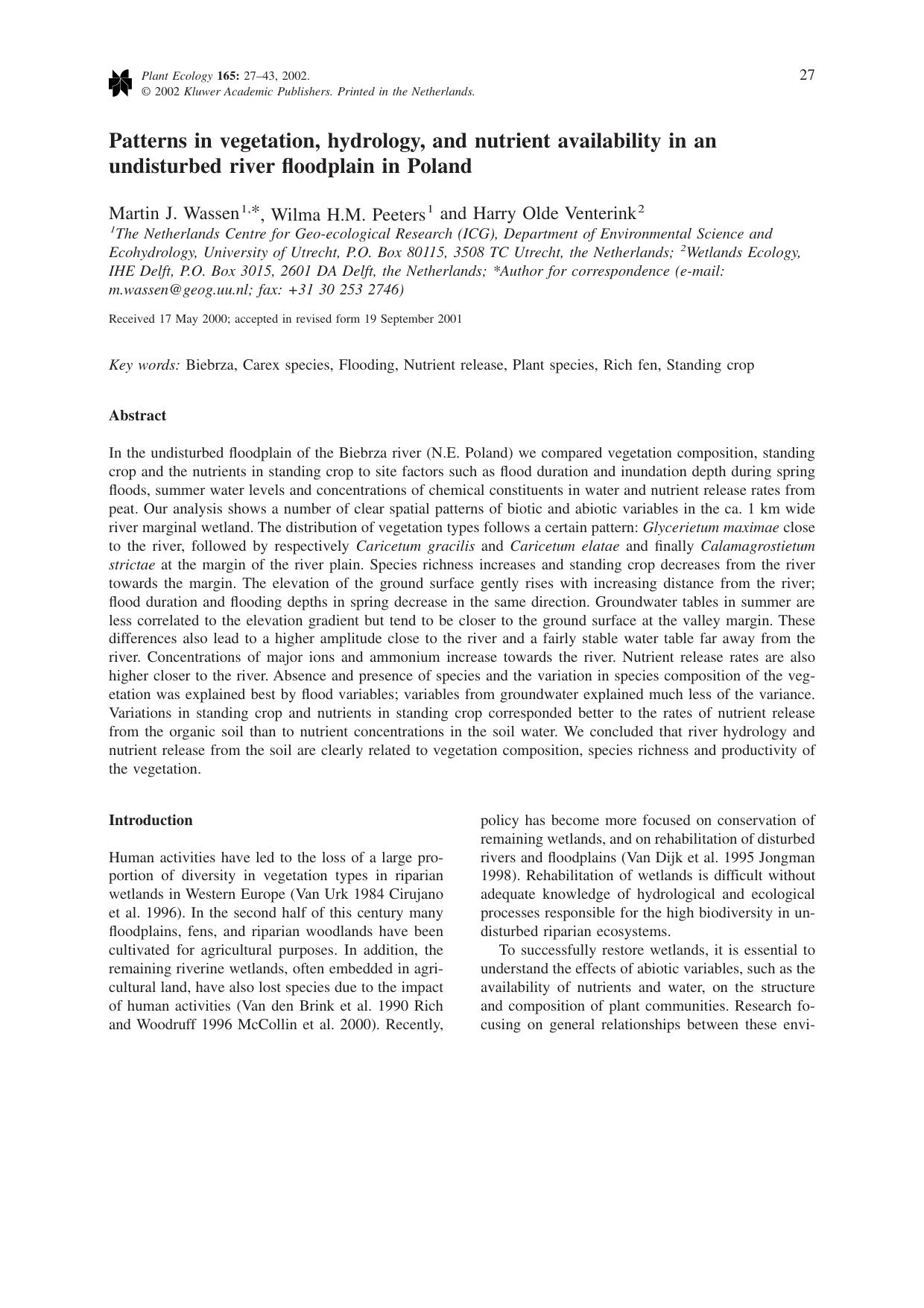 Patterns in vegetation, hydrology, and nutrient availability in an undisturbed river floodplain in Poland by Unknown