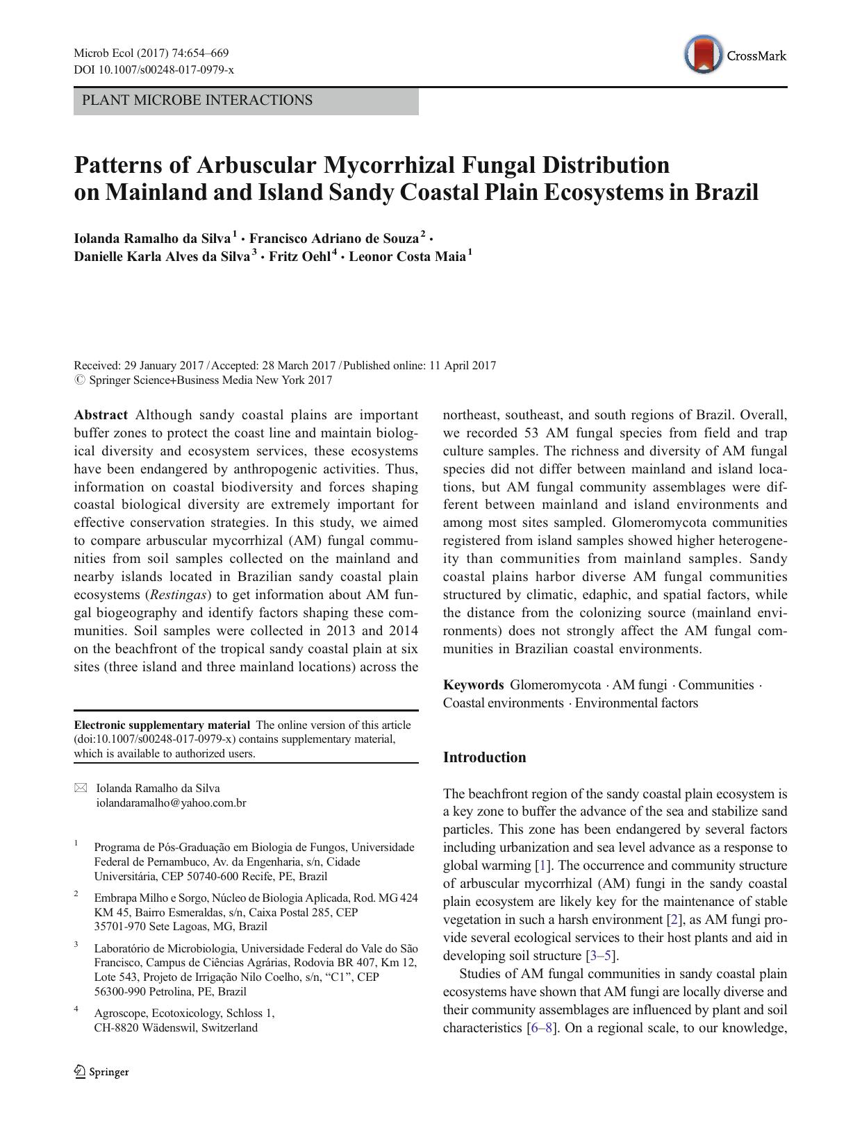 Patterns of Arbuscular Mycorrhizal Fungal Distribution on Mainland and Island Sandy Coastal Plain Ecosystems in Brazil by unknow