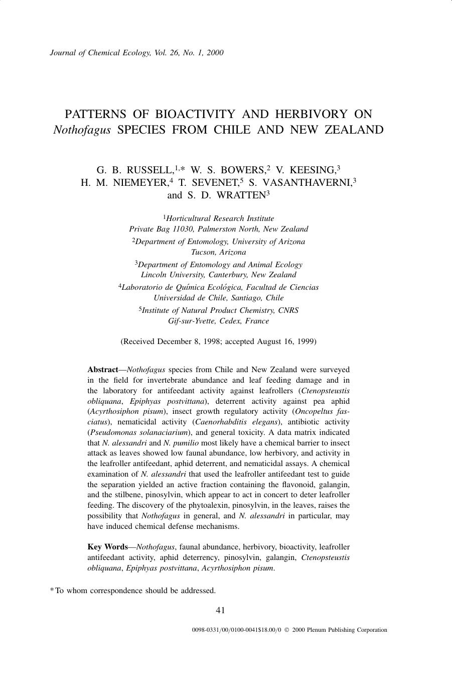 Patterns of Bioactivity and Herbivory on Nothofagus Species from Chile and New Zealand by Unknown