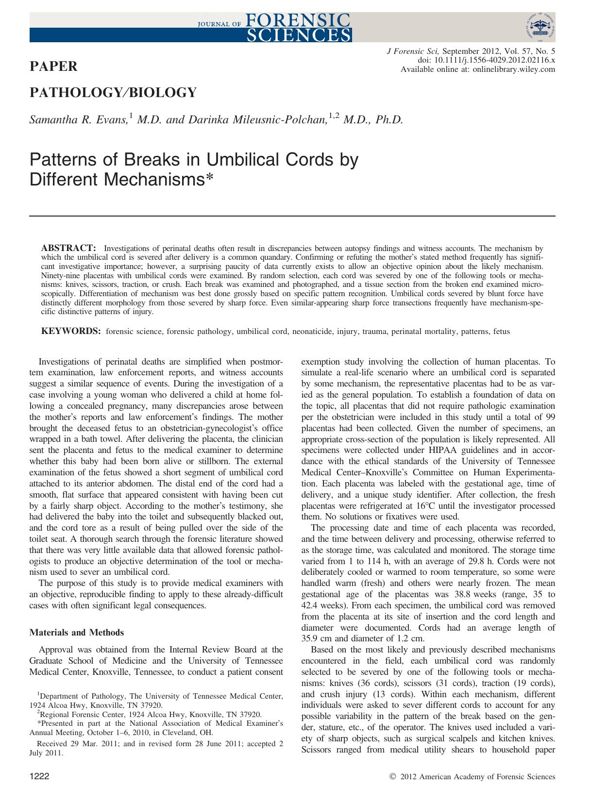 Patterns of Breaks in Umbilical Cords by Different Mechanisms* by Unknown