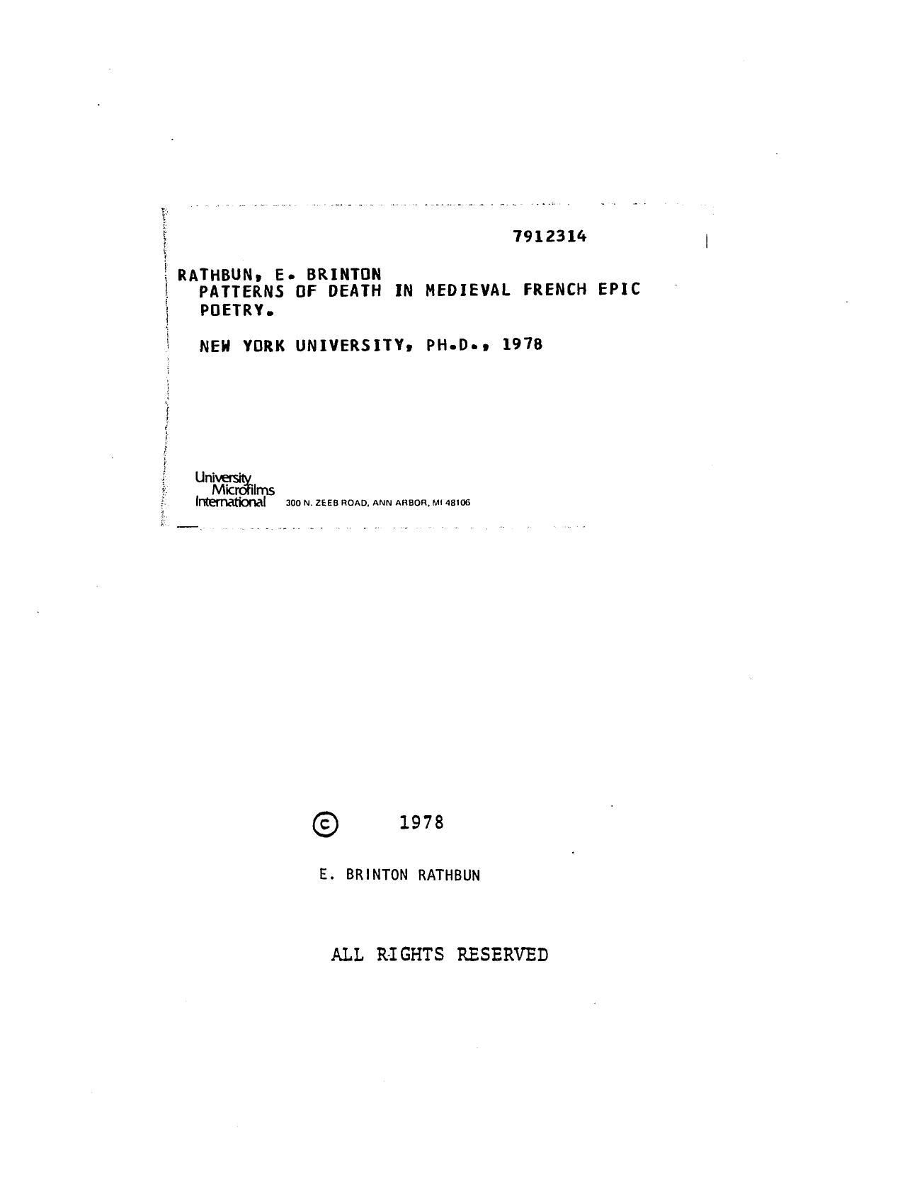 Patterns of Death in Medieval French Epic Poetry [thesis] by E. Brinton Rathbun