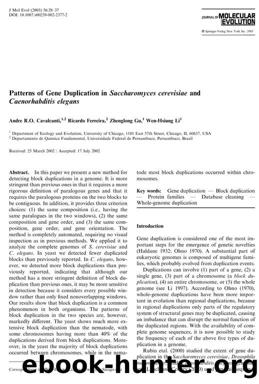 Patterns of Gene Duplication in Saccharomyces cerevisiae and Caenorhabditis elegans by Cavalcanti ARO. et al.