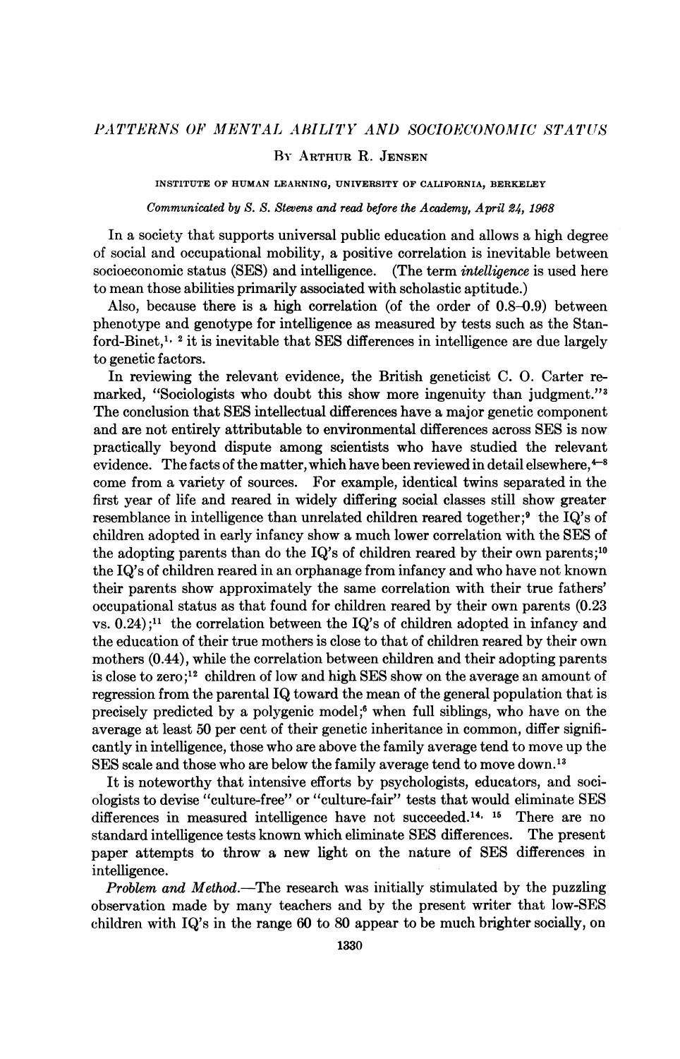 Patterns of Mental Ability and Socioeconomic Status (1968) by Arthur Robert Jensen by Unknown