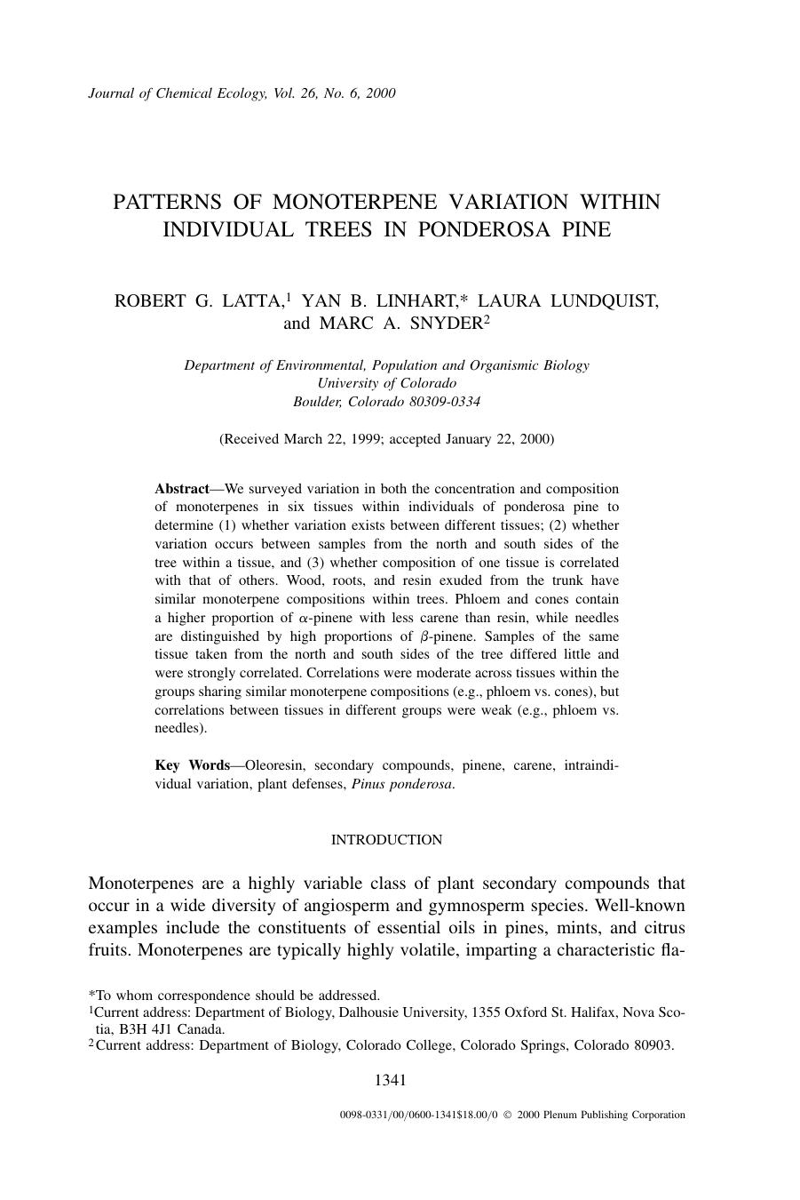 Patterns of Monoterpene Variation within Individual Trees in Ponderosa Pine by Unknown