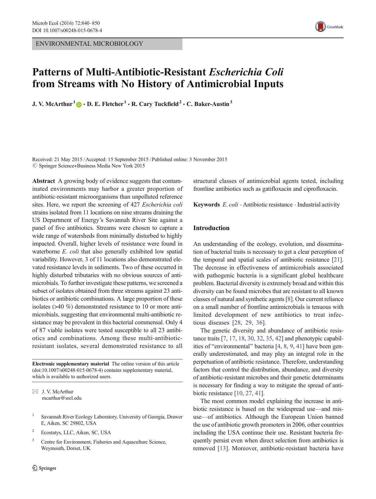 Patterns of Multi-Antibiotic-Resistant Escherichia Coli from Streams with No History of Antimicrobial Inputs by J. V. McArthur & D. E. Fletcher & R. Cary Tuckfield & C. Baker-Austin