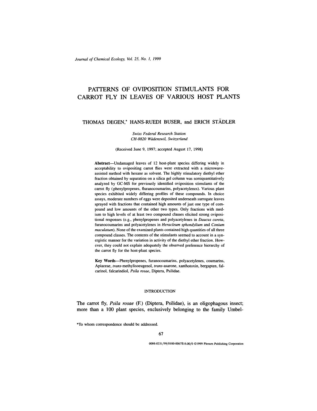 Patterns of Oviposition Stimulants for Carrot Fly in Leaves of Various Host Plants by Unknown