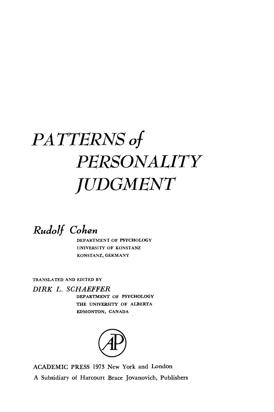 Patterns of Personality Judgment by Rudolf Cohen (Auth.)