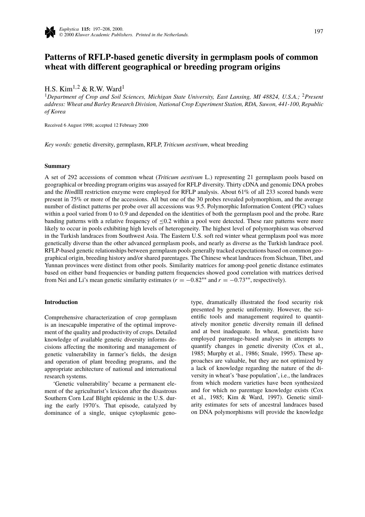 Patterns of RFLP-based genetic diversity in germplasm pools of common wheat with different geographical or breeding program origins by Unknown